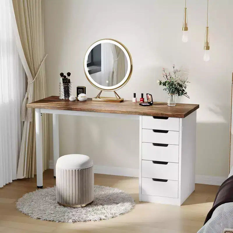 Scrivania per computer da 47 pollici con 5 cassetti portaoggetti, tavolo moderno rustico reversibile da studio e scrittura, postazione per ufficio domestico per piccoli spazi