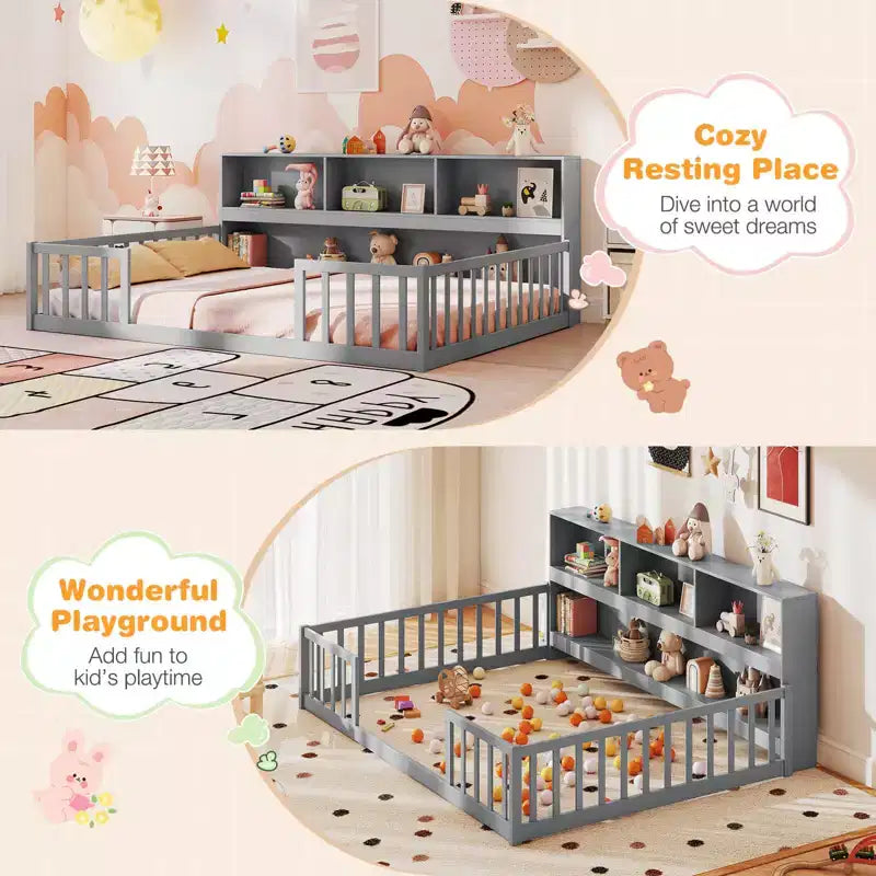 Letto a pavimento Montessori Twin/Full con libreria, ripiani contenitore e sponde di sicurezza, bianco/grigio