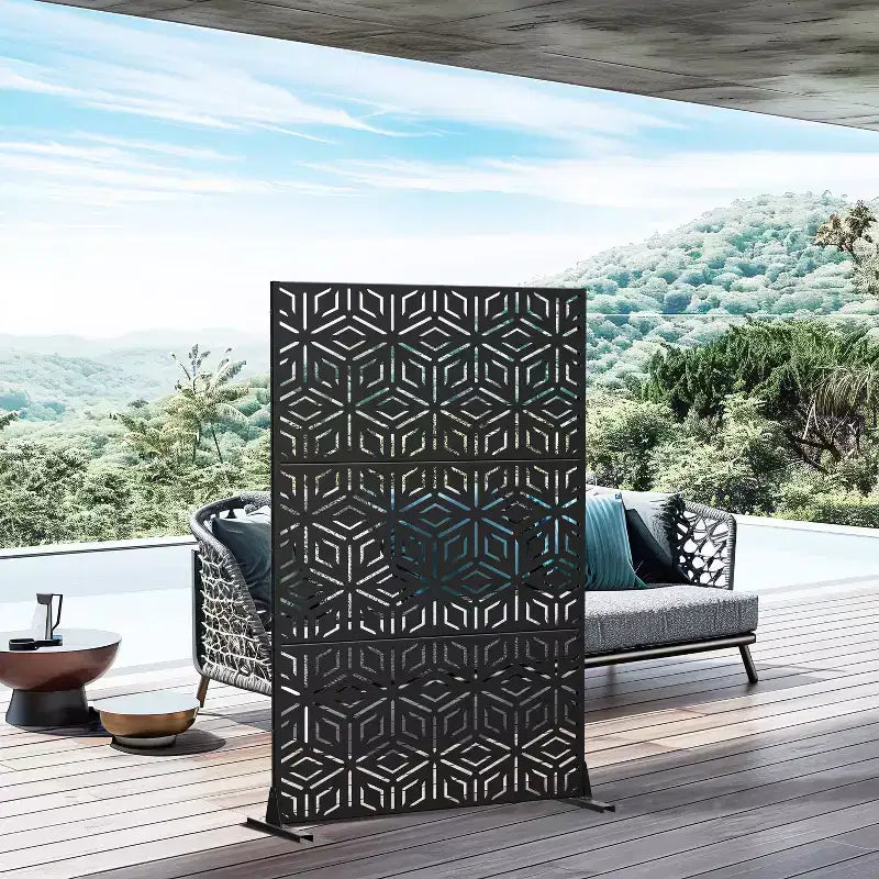 Paraván do místnosti se 3 panely s geometrickým vzorem - černá pozinkovaná ocel