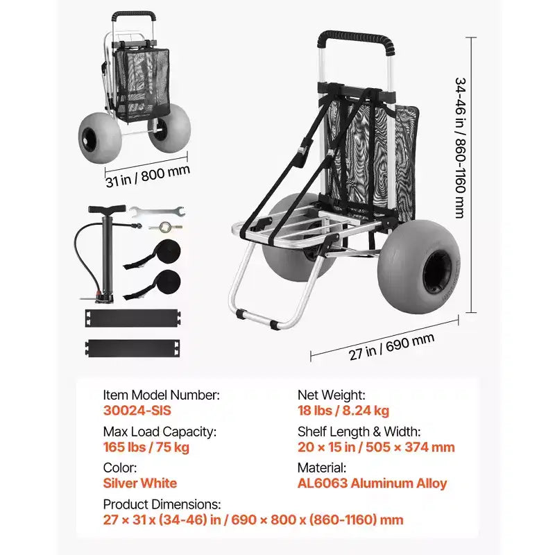 Carrello da spiaggia VEVOR con ruote grandi per la sabbia, piano di carico da 20 x 15, carrello pieghevole per sabbia con 12 ruote a palloncino, capacità di carico di 165 lb, argento+nero