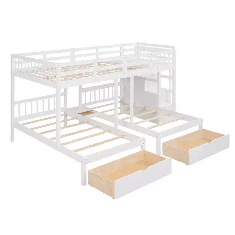 Lit superposé Whisen avec lit double au-dessus de deux lits une place, lit superposé triple en bois avec tiroirs et barrières de sécurité