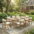 Christopher Knight Home Irene Ensemble repas d’extérieur rustique de 9 pièces en bois d’acacia, avec chaises à dossier incurvé et coussins