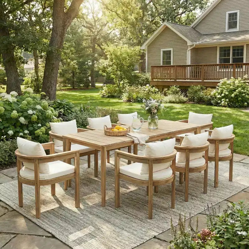 Christopher Knight Home Irene Ensemble repas d’extérieur rustique de 9 pièces en bois d’acacia, avec chaises à dossier incurvé et coussins