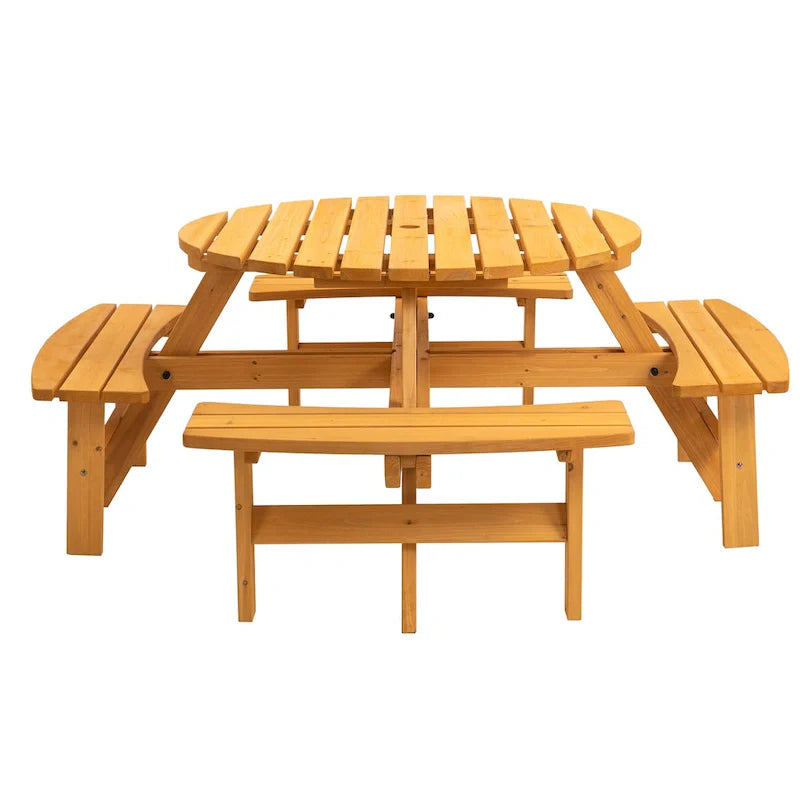Ensemble de pique-nique et repas rond pour terrasse extérieure en bois de sapin, 8 personnes, avec 4 bancs intégrés et trou pour parasol
