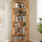 Libreria verticale in legno a forma di L con finitura naturale e schienale aperto
