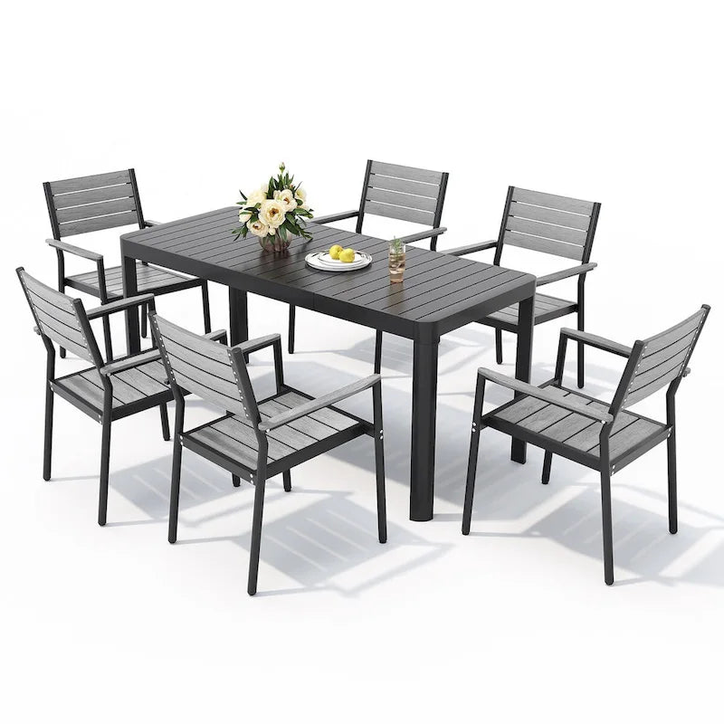 Ensemble de salle à manger de patio extérieur en aluminium de 5/7 pièces, chaises empilables et table extensible