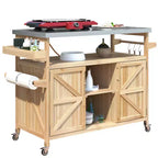 Îlot de cuisine extérieur Okak avec plateau en acier inoxydable, desserte de cuisine en bois avec portes, étagères et porte-épices, îlot de cuisine à roulettes