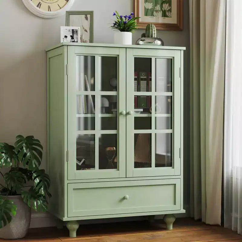Meuble de rangement, meuble bas en bois avec 1 tiroir et 2 portes vitrées, buffet de ferme avec rangement pour le salon