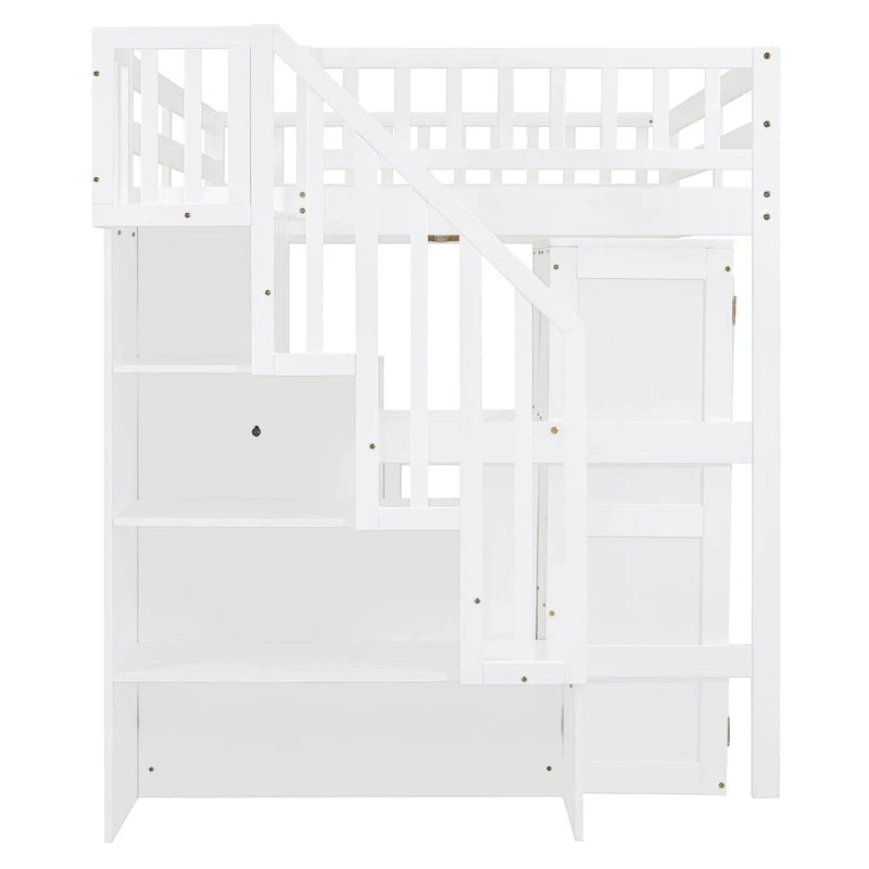 Letto a soppalco matrimoniale con scale, libreria, scrivania e guardaroba, mobile multifunzionale salvaspazio per bambini e ragazzi - bianco