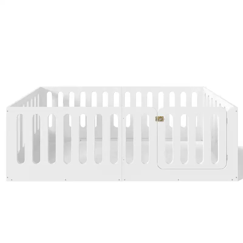 Lit au sol Montessori blanc 1 place avec barrières et porte - Bois massif, 1 enfant