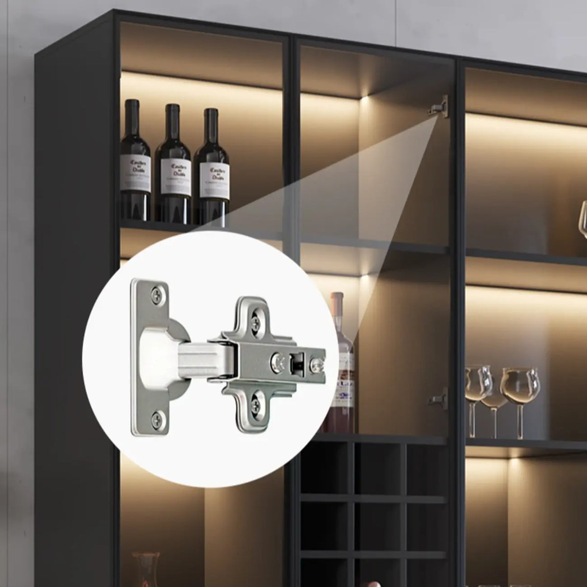 Credenza portabottiglie minimalista in legno nero con anta in vetro