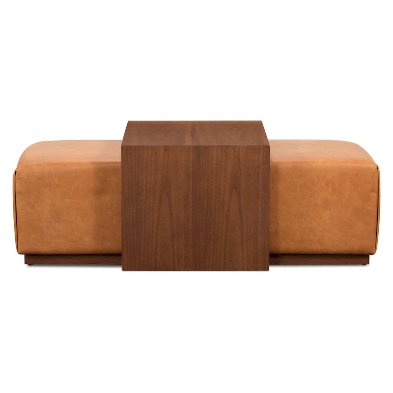 Pouf Jarmo Poly & Bark con tavolino regolabile in noce, vera pelle italiana pieno fiore