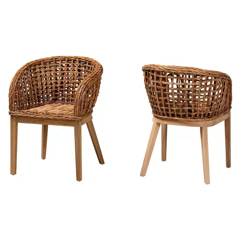 Ensemble de 2 chaises de salle à manger bali & pari Mario, en bois de teck et rotin au fini brun naturel, style bohème moderne