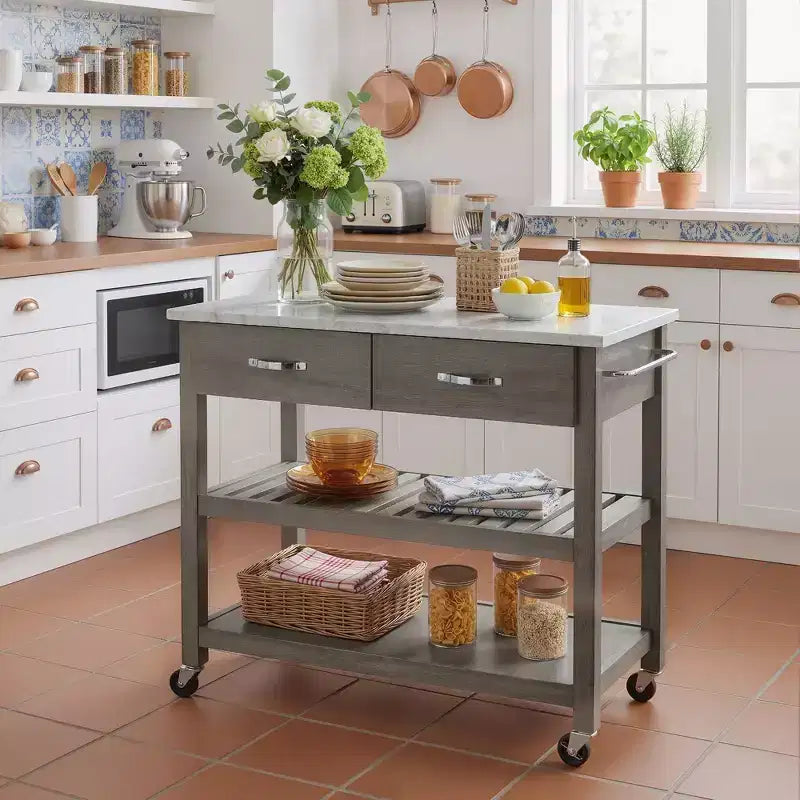 Desserte de cuisine roulante avec plateau en marbre, îlot de cuisine en bois massif avec 2 tiroirs, chariot de cuisine à 3 niveaux avec roulettes amovibles verrouillables et porte-serviettes