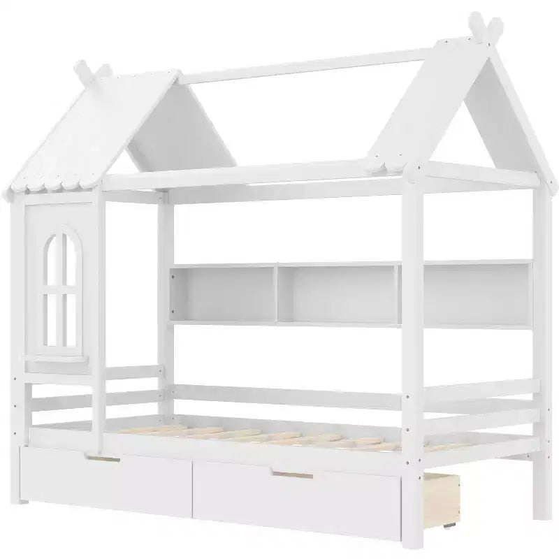 Haus-Hochbett mit Aufbewahrungsschubladen und Fenster, Rahmen aus Massivholz mit Regalen, kindlich-verspieltes Design, helles Weiß