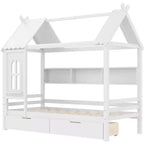 Haus-Hochbett mit Aufbewahrungsschubladen und Fenster, Rahmen aus Massivholz mit Regalen, kindlich-verspieltes Design, helles Weiß