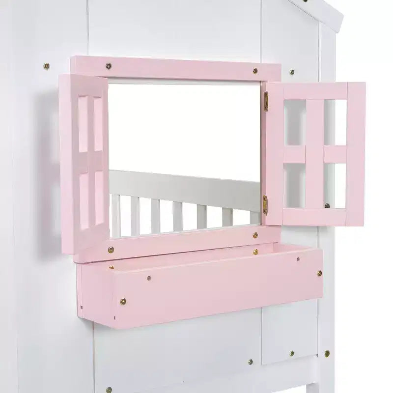 Letto a soppalco matrimoniale singolo a forma di casetta, letto rialzato in legno tipo casetta con scaletta e sponde di sicurezza per bambini