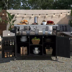 Îlot de cuisine extérieur Okak avec plateau en acier inoxydable, desserte de cuisine en bois avec portes, étagères et porte-épices, îlot de cuisine à roulettes