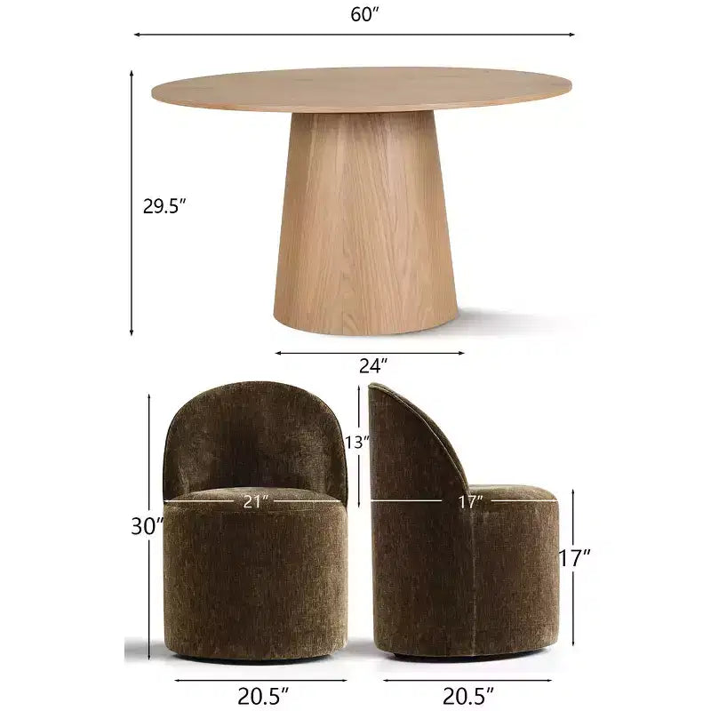 Ensemble de table à manger moderne pour 6 personnes, table ronde à piètement central, fauteuils tonneau pivotants à roulettes, chenille texturée - Panipeachy