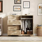 Armadio guardaroba in legno alto 43,3" con 4 cassetti e barra appendiabiti, mobile contenitore multifunzionale per abiti da camera da letto
