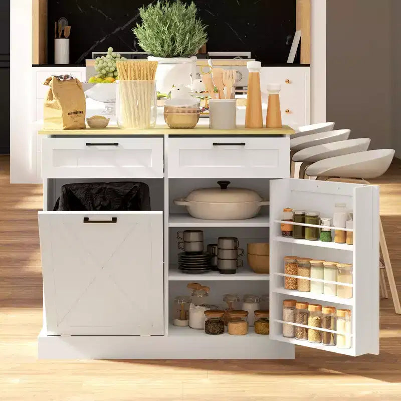 Mobile HOMCOM copri pattumiera con apertura a ribalta e cassetti, mobile da cucina in stile rustico con pattumiera nascosta per cucina