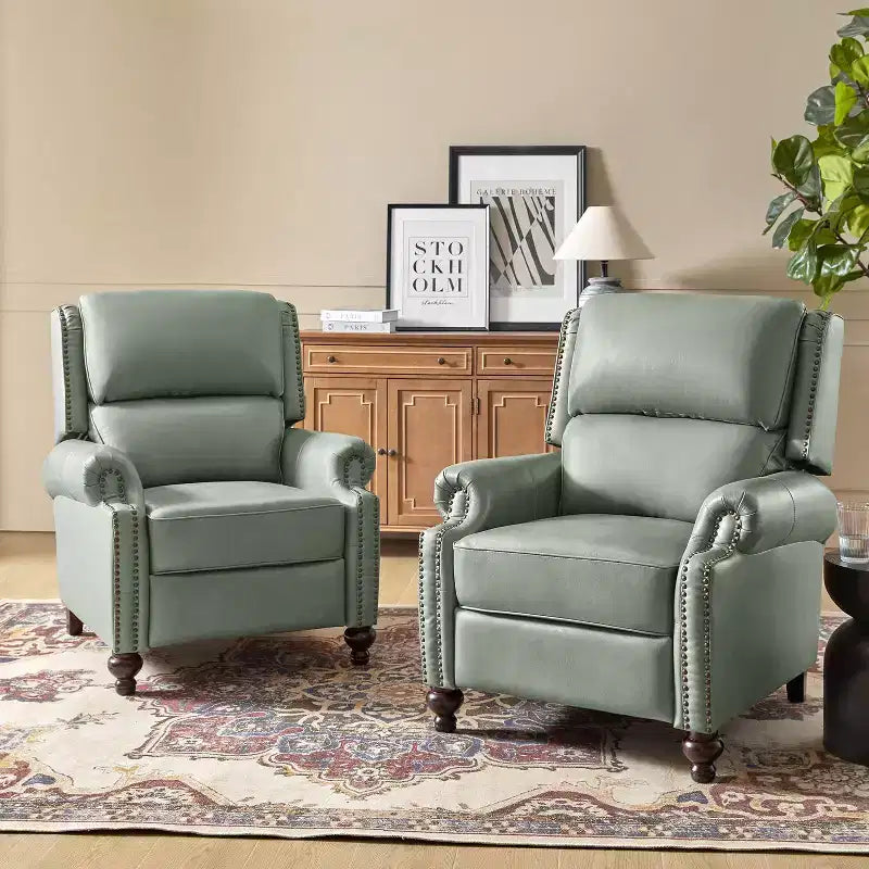 Set di 2 poltrone reclinabili moderne Elisabete con schienale ad ali in vera pelle e borchie decorative vintage per soggiorno e camera da letto| ART OF LIVING DESIGNS