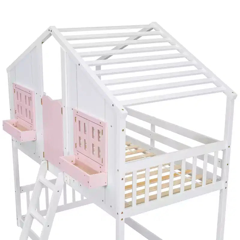 Letto a soppalco matrimoniale singolo a forma di casetta, letto rialzato in legno tipo casetta con scaletta e sponde di sicurezza per bambini