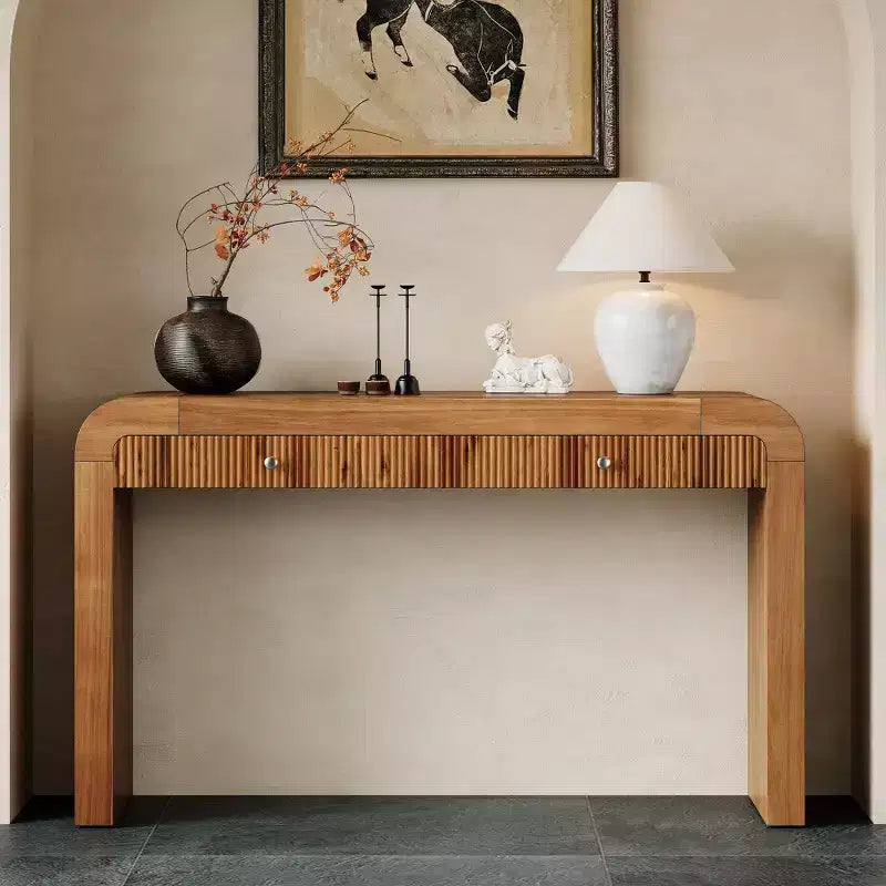 Table console rustique Whisen, table d’entrée et table d’appoint avec façade de tiroir cannelée