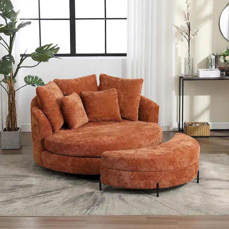 Fauteuil tonneau moderne rond avec 5 coussins et pouf en option