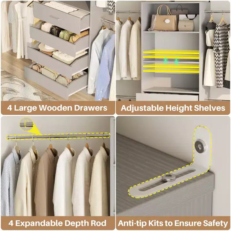 Système d’organisation de dressing en bois Besiost de 4 à 9 pieds avec 4 tiroirs, 4 tringles et des colonnes d’étagères