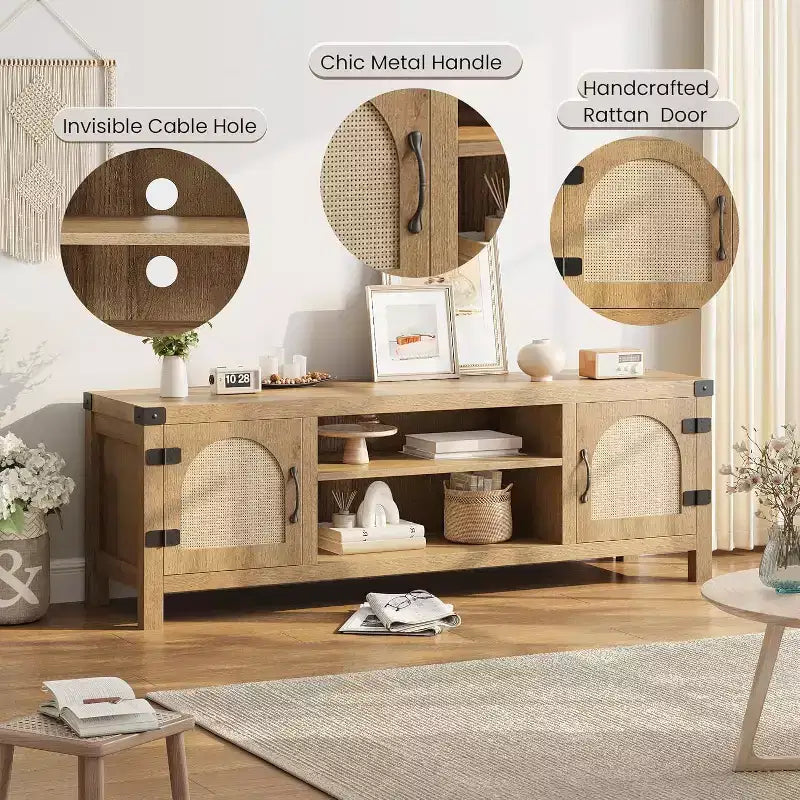 Meuble TV de style bohème de 65 pouces avec porte en rotin – meuble de divertissement en bois avec deux armoires et des étagères réglables, idéal pour les salons
