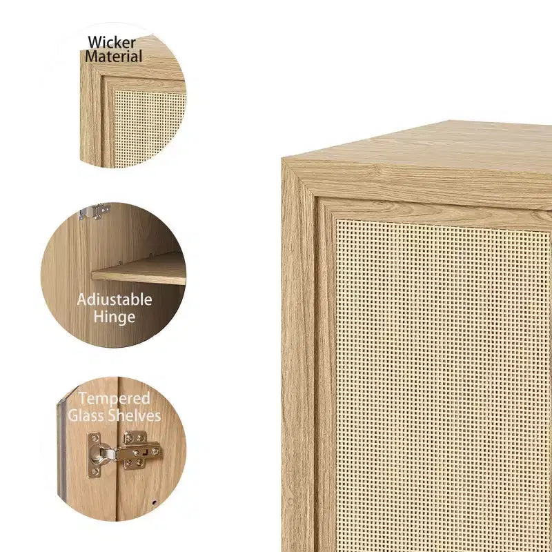 Armoire décorative haute de 62 po à porte en cannage noir, effet grain de bois, avec 12 étagères