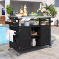 Îlot de cuisine extérieur Okak avec plateau en acier inoxydable, desserte de cuisine en bois avec portes, étagères et porte-épices, îlot de cuisine à roulettes