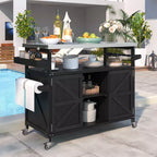 Îlot de cuisine extérieur Okak avec plateau en acier inoxydable, desserte de cuisine en bois avec portes, étagères et porte-épices, îlot de cuisine à roulettes