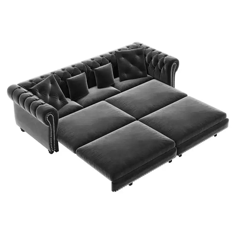 Canapé-lit escamotable et convertible Whisen en velours, format très grand lit, 3-en-1, avec ottoman amovible et design capitonné
