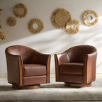 Fauteuil tonneau pivotant Pocono de style transitionnel en cuir véritable avec piètement en bois massif, ensemble de 2, Artful Living Design