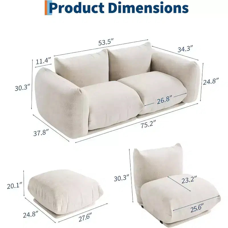 Divano modulare a due posti in tessuto chenille, divano nuvola a 2 posti con schiuma altamente elastica, divano senza struttura per piccoli spazi