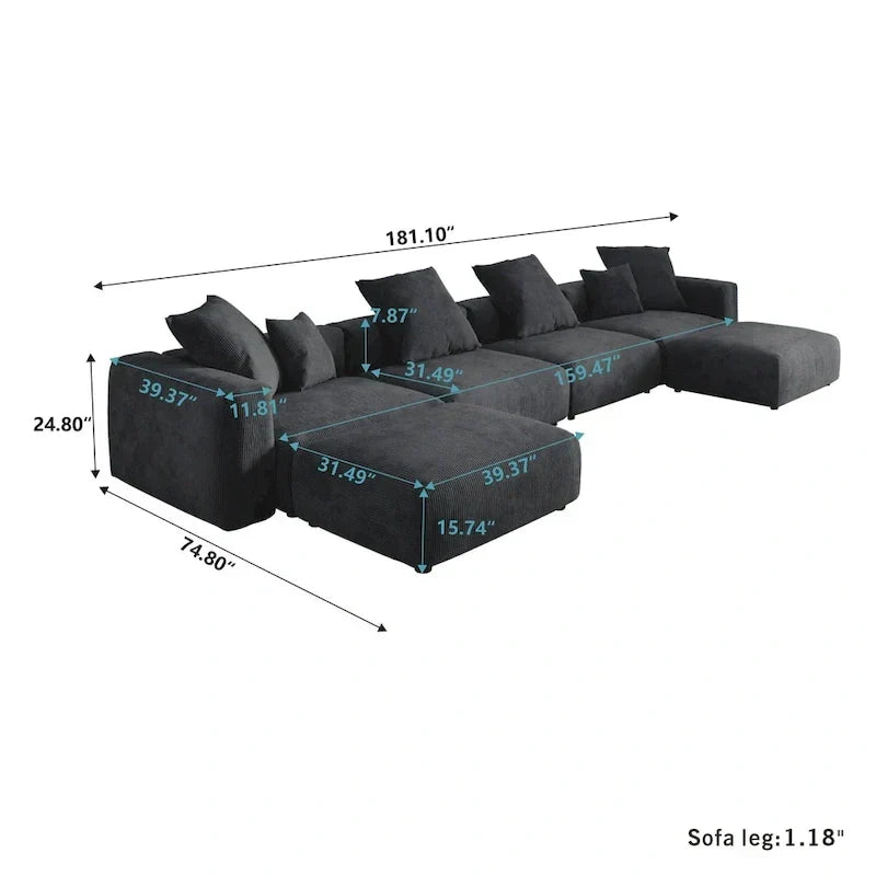 Grand canapé d’angle modulable en velours côtelé, en U, 4 places, avec 2 poufs et 5 coussins