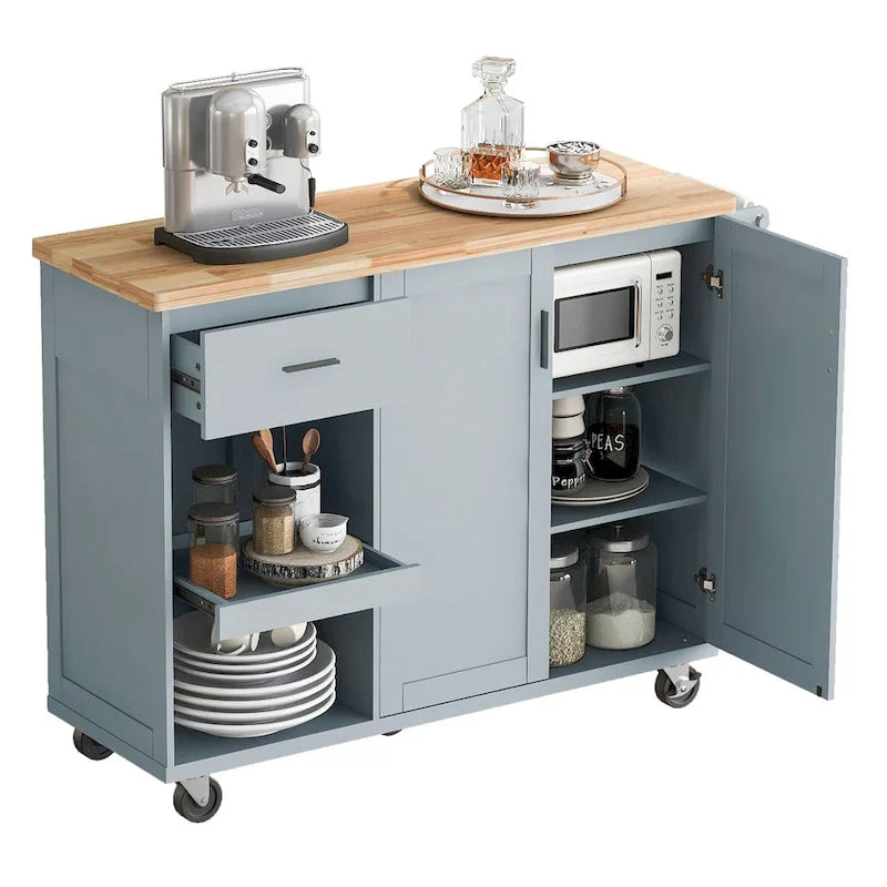 Isola da cucina con piano di lavoro pieghevole, carrello portaoggetti da cucina con ripiano estraibile, portasciugamani e cassetto, ruote girevoli