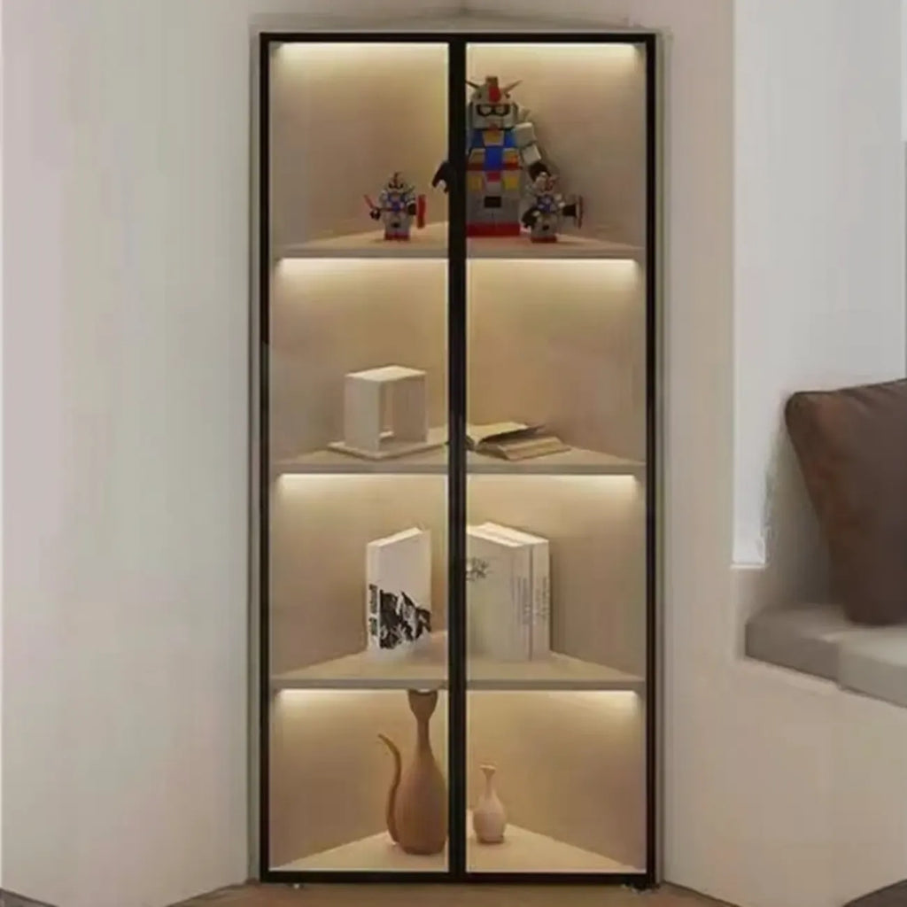 Mobile angolare moderno da esposizione in metallo e legno grigio con anta in vetro
