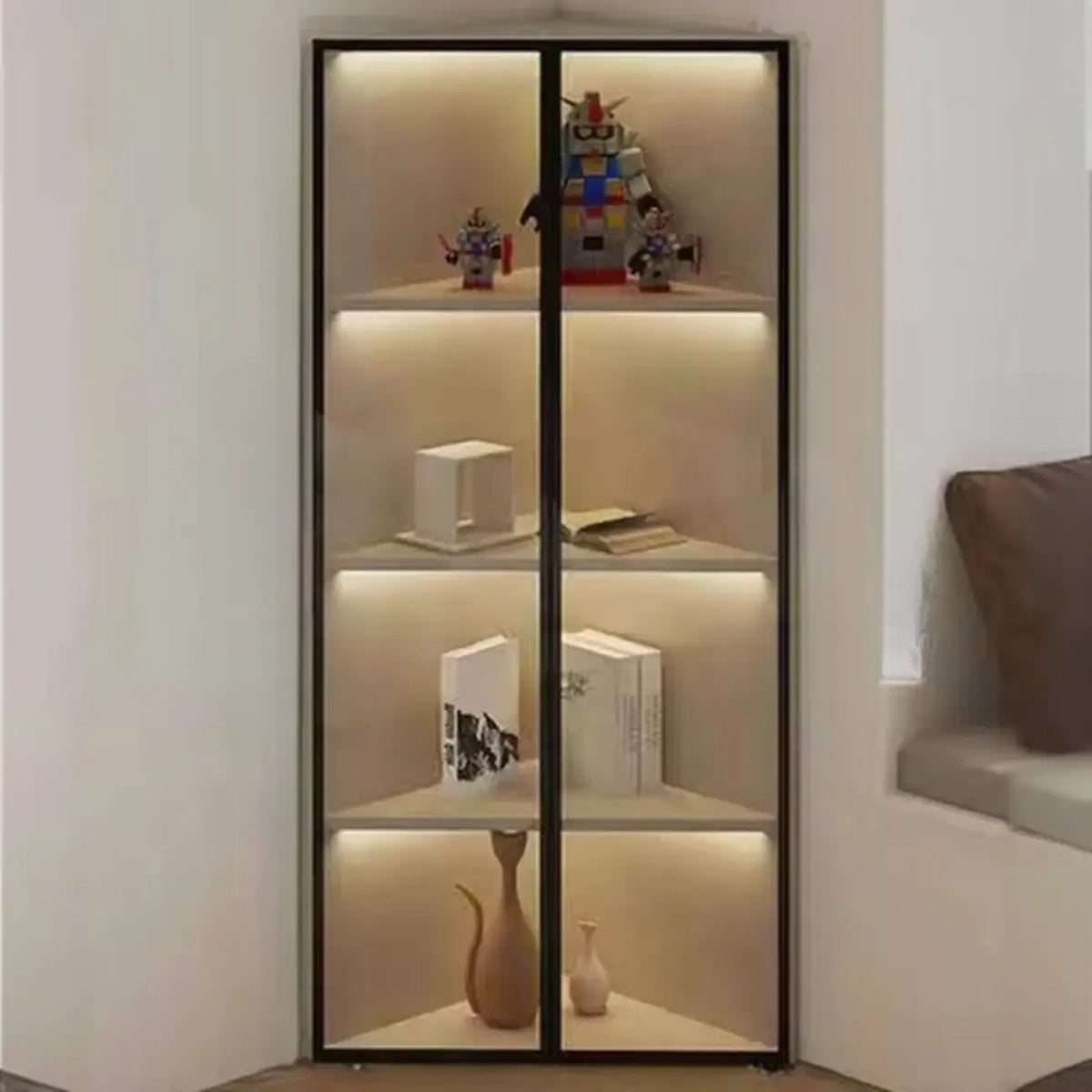 Mobile angolare moderno da esposizione in metallo e legno grigio con anta in vetro