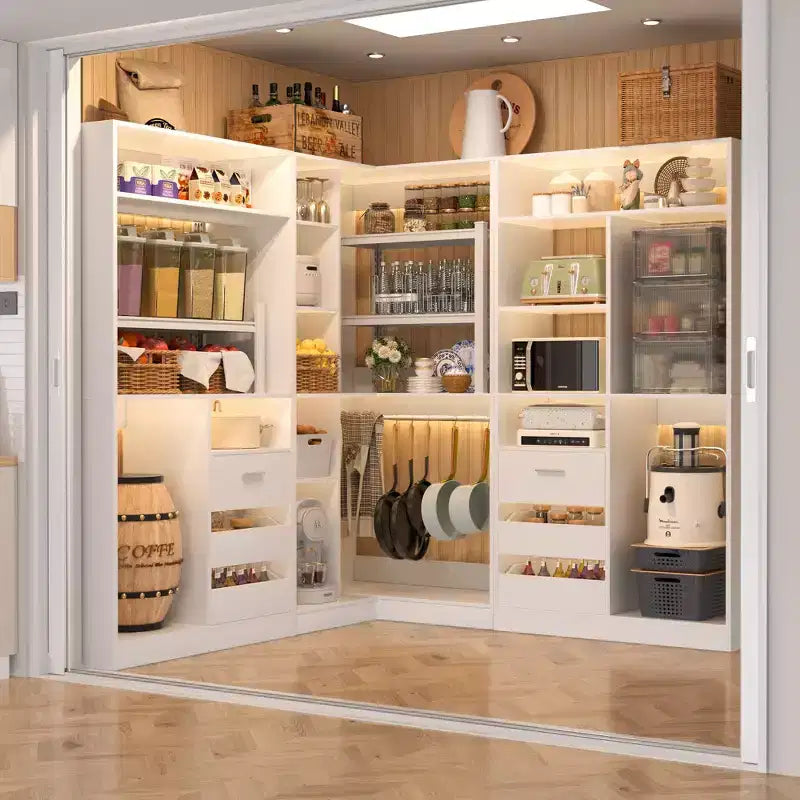 Ensemble Besiost de 3 éléments pour dressing d’angle avec étagères en colonne et tiroirs, organisateur de dressing autoportant avec tringles