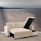 Divano componibile reversibile trasformabile con letto estraibile, chaise longue con contenitore nascosto e gambe resistenti