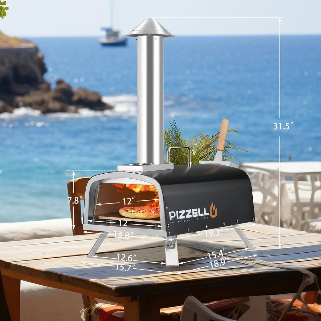 Four à pizza extérieur multicombustible, appareil à pizza cuite sur pierre avec brûleur à gaz et compartiment à bois – 12 pouces