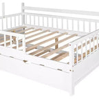 Struttura letto a casetta Acekool matrimoniale con letto estraibile singolo, cassetti contenitore e ripiani, tetto e recinzione, letto a piattaforma per bambini, bianco