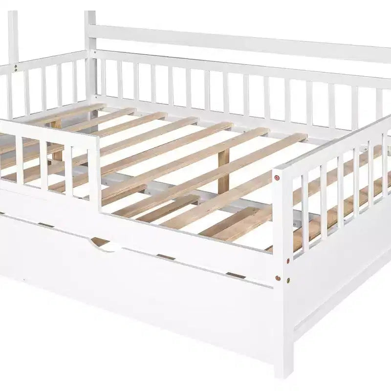 Struttura letto a casetta Acekool matrimoniale con letto estraibile singolo, cassetti contenitore e ripiani, tetto e recinzione, letto a piattaforma per bambini, bianco