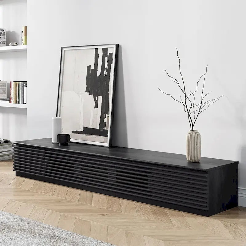 Meuble TV minimaliste avec tiroirs, console multimédia en bois massif avec placards, porte basculante, placage noyer, entièrement assemblée
