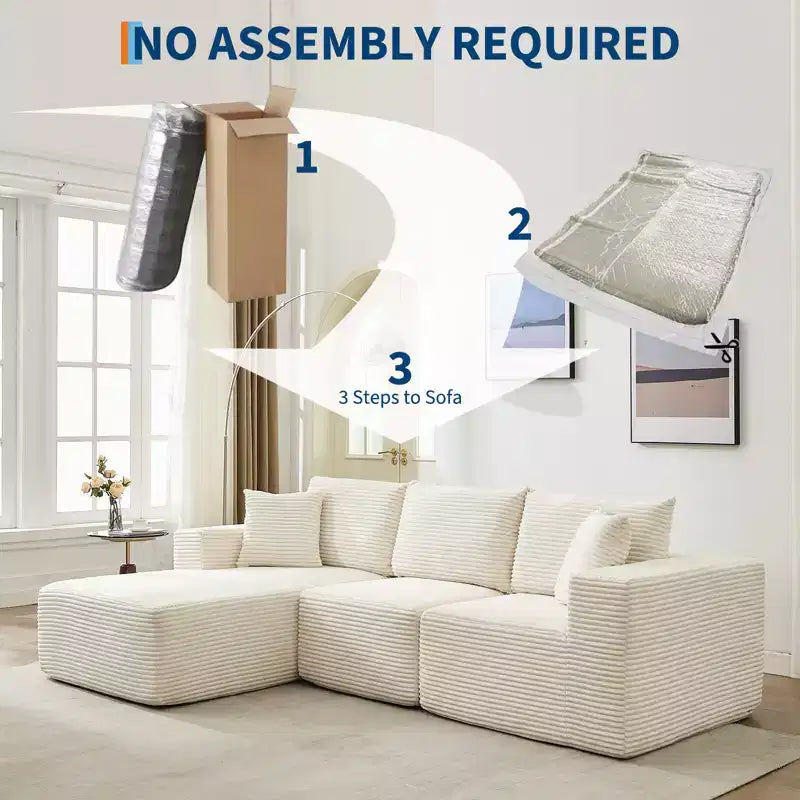 108 modernes Sofa, 3-Sitzer-Sofa in L-Form mit Polsterbezug und Kissen, Sofa mit tiefer Sitzfläche, keine Montage erforderlich