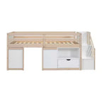 Letto soppalcato singolo Okak in legno massello con scale e spazio contenitore, letto a castello singolo basso con cassetti e ripiani, letto soppalcato multifunzionale per bambini e ragazzi