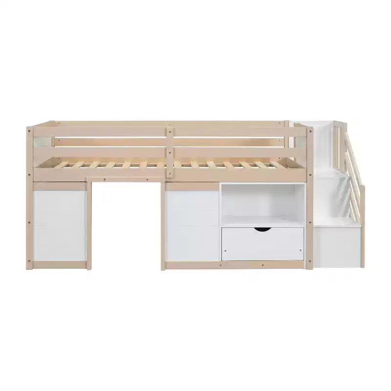Letto soppalcato singolo Okak in legno massello con scale e spazio contenitore, letto a castello singolo basso con cassetti e ripiani, letto soppalcato multifunzionale per bambini e ragazzi